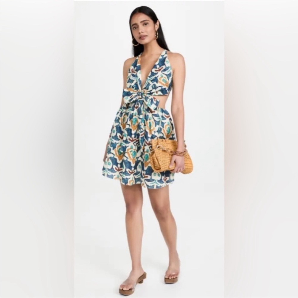 NEW Charina Sarte size L Ikat Cut Out Mini Dress Blue Cream Green Gold